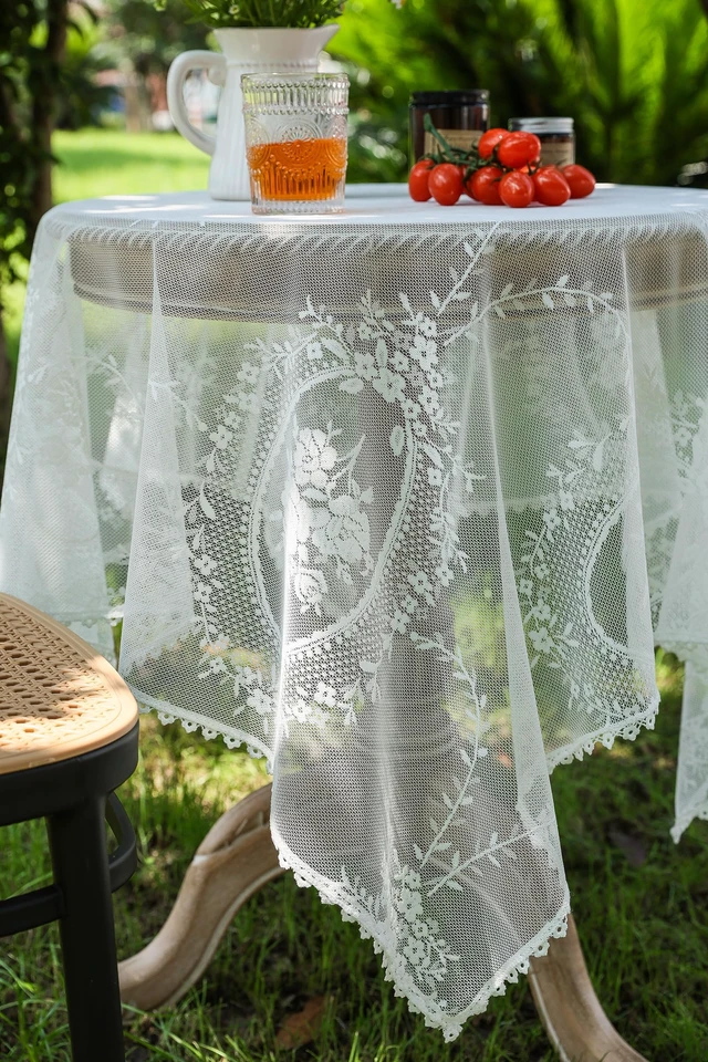 Alt view image 6 of 7 - White Lace Square Tablecloth for Square/Round Tables 55 x 55 Inch Vintage Embroidered Table Cloth Shabby Chic Wedding Baby Shower Table Cover (White, 55"x55")