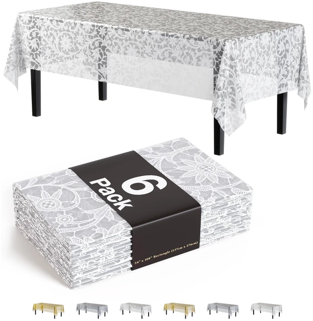 Main image of White Lace Rectangle Tablecloth 54"X108" - 48 Pack | Plastic Lace Tablecloth, Disposable Table Covers Rectangle for Parties, Weddings, Holidays & Party Supplies