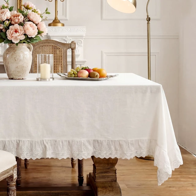 Alt view image 2 of 7 - Vintage White Ruffle Tablecloth Retro Farmhouse Tablecloth | 52" x 70" Rectangle Vintage Ruffled Cotton Tablecloth, Rustic Embroidered Flounces Trim Washable Table Cover Holiday Decor