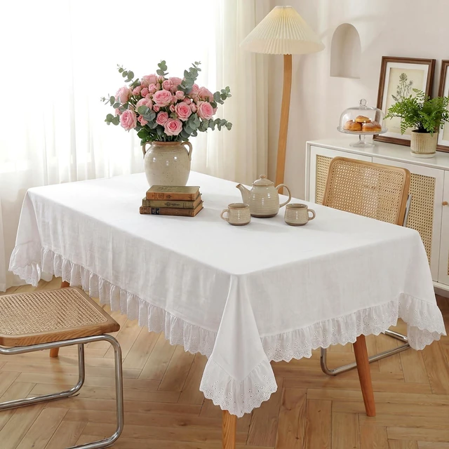 Alt view image 3 of 7 - Vintage White Ruffle Tablecloth Retro Farmhouse Tablecloth | 52" x 70" Rectangle Vintage Ruffled Cotton Tablecloth, Rustic Embroidered Flounces Trim Washable Table Cover Holiday Decor