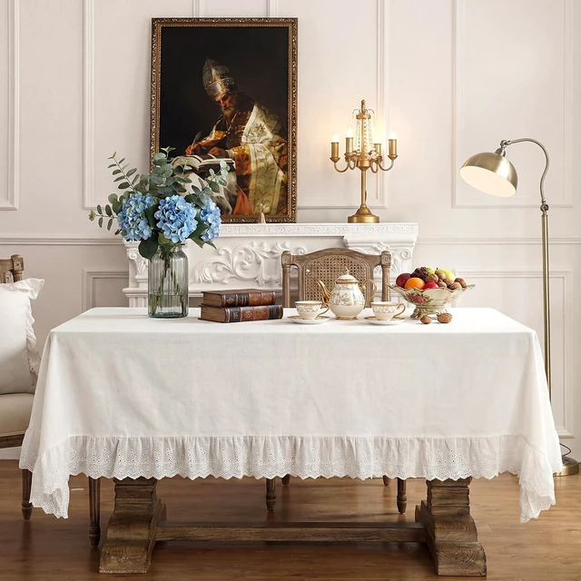 Alt view image 4 of 7 - Vintage White Ruffle Tablecloth Retro Farmhouse Tablecloth | 52" x 70" Rectangle Vintage Ruffled Cotton Tablecloth, Rustic Embroidered Flounces Trim Washable Table Cover Holiday Decor