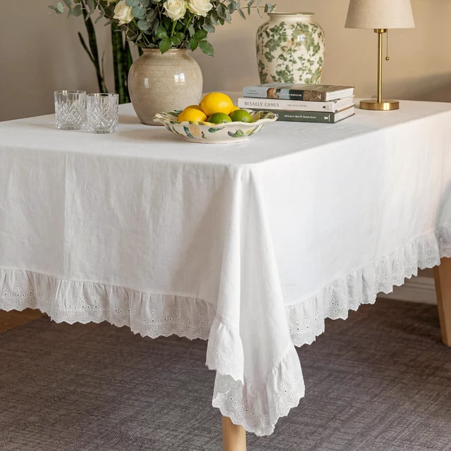 Alt view image 5 of 7 - Vintage White Ruffle Tablecloth Retro Farmhouse Tablecloth | 52" x 70" Rectangle Vintage Ruffled Cotton Tablecloth, Rustic Embroidered Flounces Trim Washable Table Cover Holiday Decor