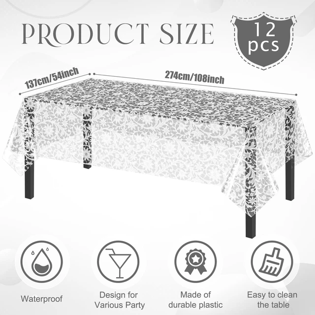 Alt view image 2 of 7 - 12 Pack White Lace Tablecloth Rectangle Lace Table Cover 54x108 Inch | Disposable Waterproof Lace Table Cloth White Floral Table Covers for Baby & Bridal Shower Picnic Camping Birthday Party
