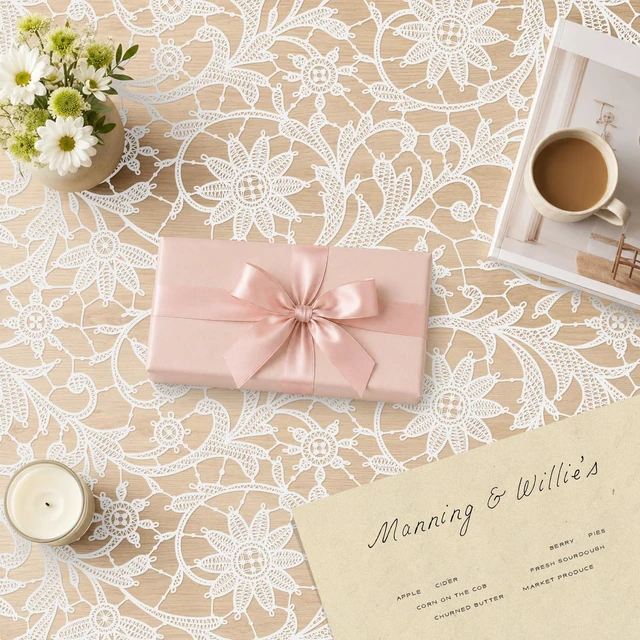 Alt view image 4 of 7 - 12 Pack White Lace Tablecloth Rectangle Lace Table Cover 54x108 Inch | Disposable Waterproof Lace Table Cloth White Floral Table Covers for Baby & Bridal Shower Picnic Camping Birthday Party