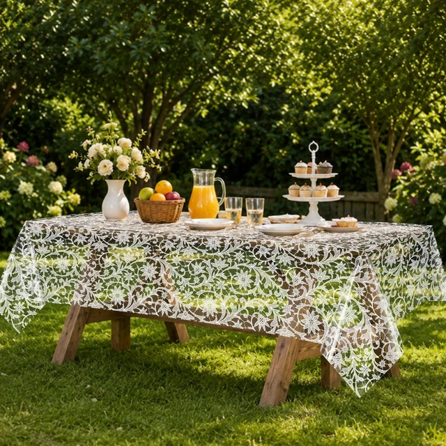 Alt view image 3 of 7 - 12 Pack White Lace Tablecloth Rectangle Lace Table Cover 54x108 Inch | Disposable Waterproof Lace Table Cloth White Floral Table Covers for Baby & Bridal Shower Picnic Camping Birthday Party
