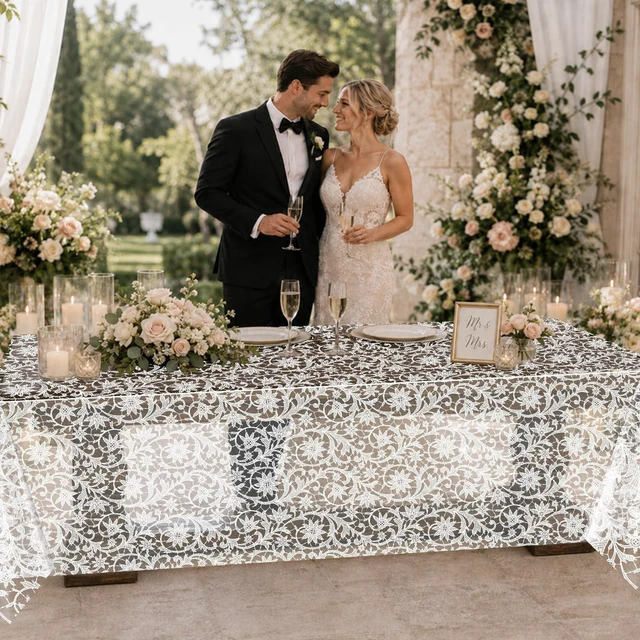 Alt view image 6 of 7 - 12 Pack White Lace Tablecloth Rectangle Lace Table Cover 54x108 Inch | Disposable Waterproof Lace Table Cloth White Floral Table Covers for Baby & Bridal Shower Picnic Camping Birthday Party