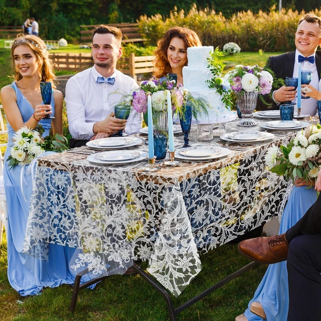 Alt view image 7 of 7 - 12 Pack White Lace Tablecloth Rectangle Lace Table Cover 54x108 Inch | Disposable Waterproof Lace Table Cloth White Floral Table Covers for Baby & Bridal Shower Picnic Camping Birthday Party