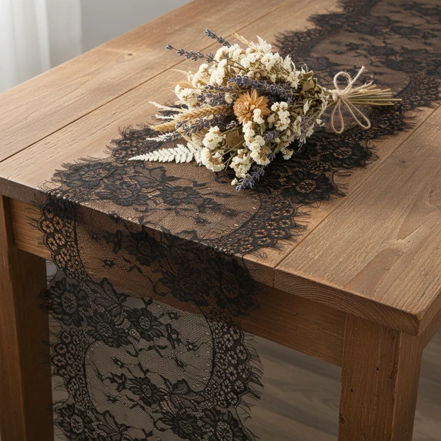 Alt view image 7 of 7 - Black Lace Table Runner Vintage Gothic Lace Tablecloth Embroidered Doilies Long Tulle Fabric Halloween Table Decor for Wedding Home Parties Gathering(14x118 Inch)