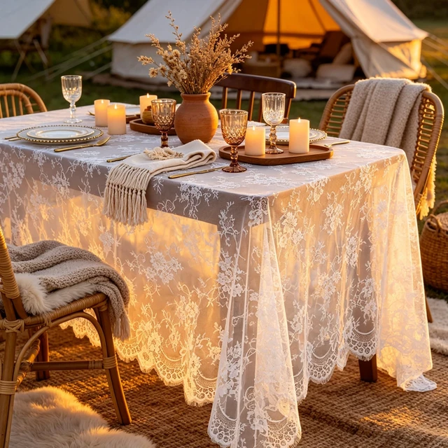 Alt view image 6 of 7 - Lace Tablecloth Rectangular 60x120-Inch White Lace Overlays | Rustic Table Cloth Runner Thanksgiving Tablecloth Floral White Lace Table Cloths for Wedding Decorations Picnic Table Cover