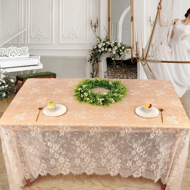 Alt view image 4 of 7 - Ivory Lace Tablecloth 60 X120 Inches Vintage Tablecloth Sheer Overlay Rectangle Floral Embroidered Lace Table Cloths for Rustic Boho Wedding Bridal Shower Outdoor Party Reception Decoration