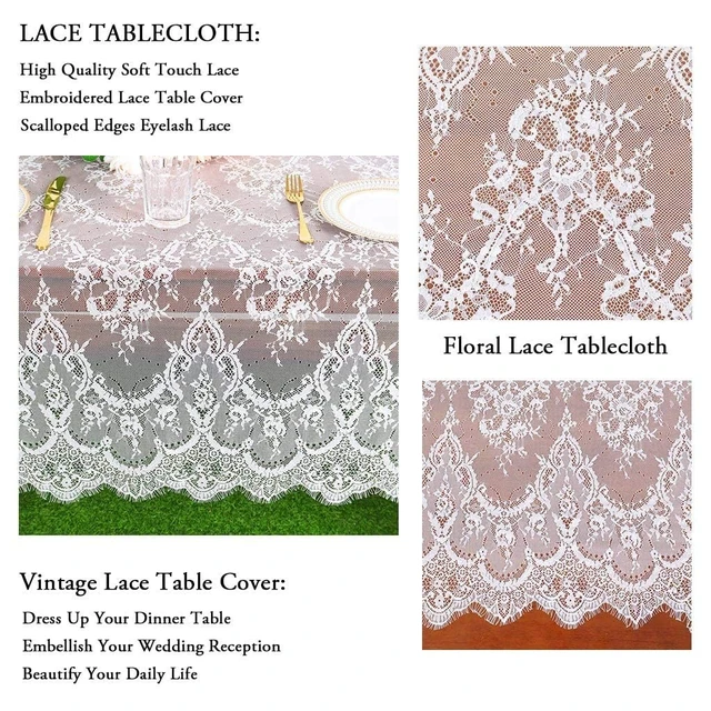 Alt view image 5 of 6 - Lace Tablecloth 60x120 Inch Rectangle Embroidered Vintage Overlay | Boho Wedding Decor, Sheer Rustic Design for Wood Tables, Soft Polyester Lace Fabric, Washable for Party, Photography, Dining