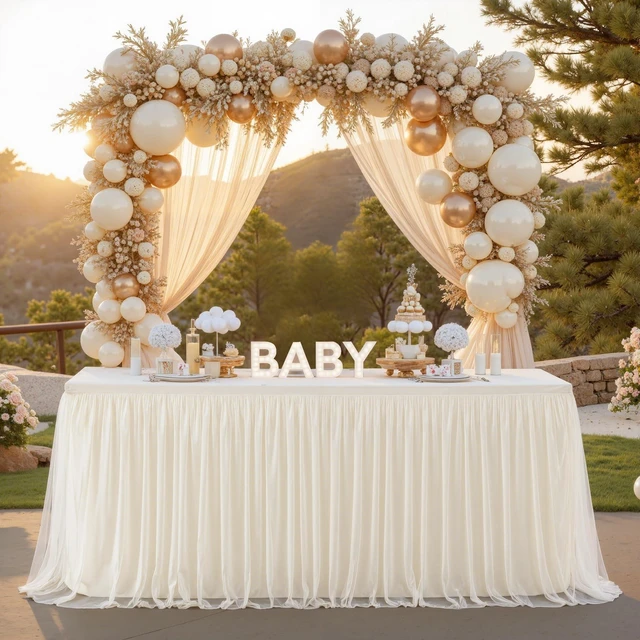 Main image of Ivory Tulle Tablecloth for 6 Foot Rectangular Tables 6ft Ivory Table Cloth Rectangle Wrinkle Free Table Cover with Tutu Skirt for Wedding Birthday Party Bridal Shower Banquet