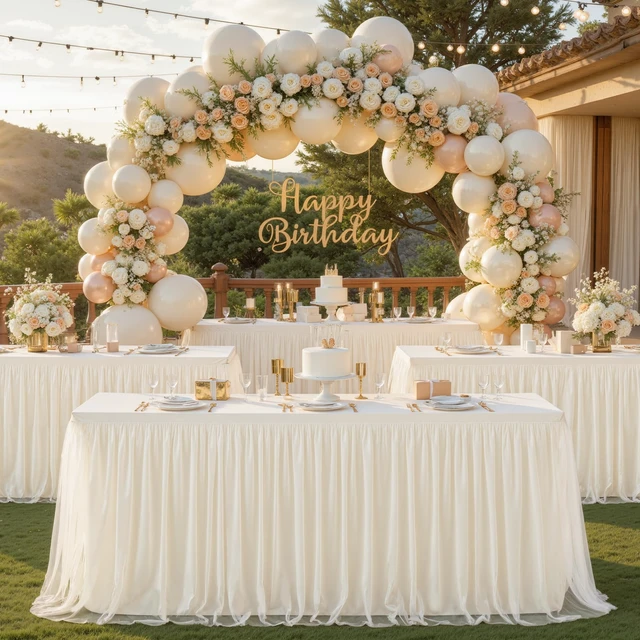 Alt view image 2 of 7 - Ivory Tulle Tablecloth for 6 Foot Rectangular Tables 6ft Ivory Table Cloth Rectangle Wrinkle Free Table Cover with Tutu Skirt for Wedding Birthday Party Bridal Shower Banquet