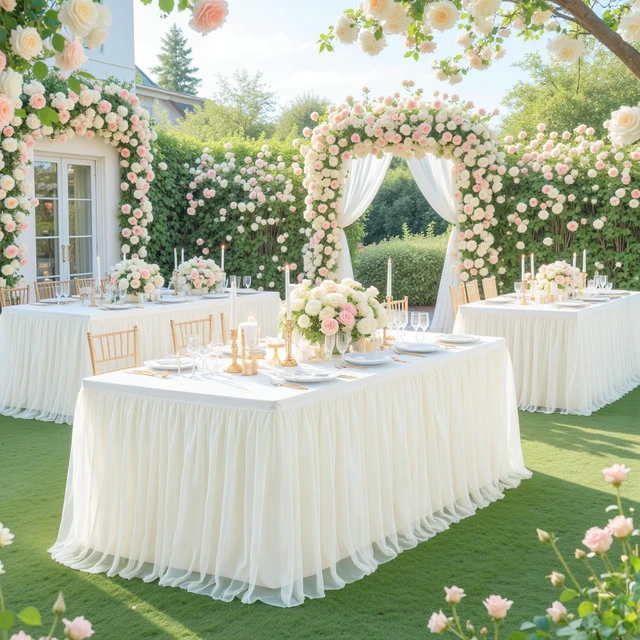 Alt view image 3 of 7 - Ivory Tulle Tablecloth for 6 Foot Rectangular Tables 6ft Ivory Table Cloth Rectangle Wrinkle Free Table Cover with Tutu Skirt for Wedding Birthday Party Bridal Shower Banquet