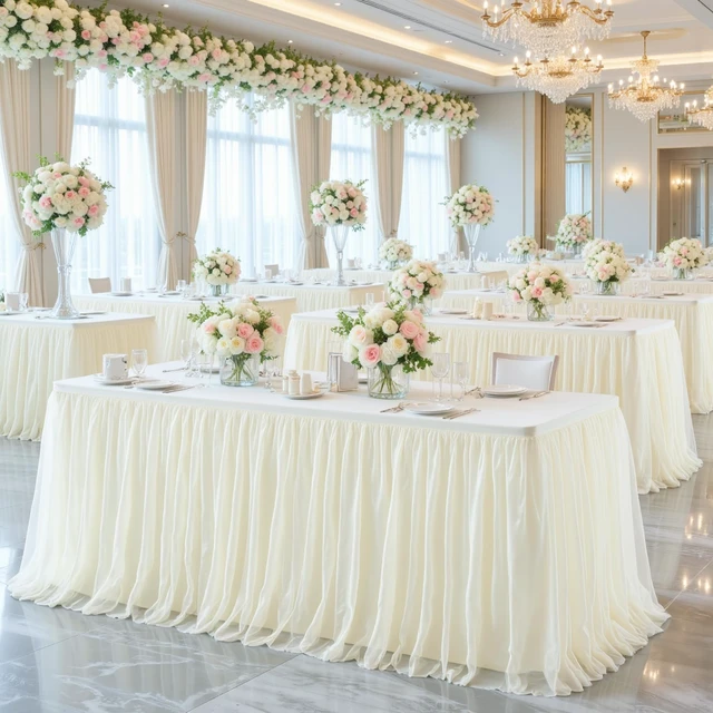 Alt view image 4 of 7 - Ivory Tulle Tablecloth for 6 Foot Rectangular Tables 6ft Ivory Table Cloth Rectangle Wrinkle Free Table Cover with Tutu Skirt for Wedding Birthday Party Bridal Shower Banquet