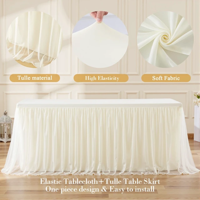 Alt view image 6 of 7 - Ivory Tulle Tablecloth for 6 Foot Rectangular Tables 6ft Ivory Table Cloth Rectangle Wrinkle Free Table Cover with Tutu Skirt for Wedding Birthday Party Bridal Shower Banquet