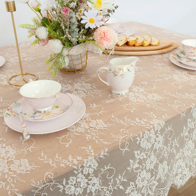 Alt view image 2 of 6 - Ivory Lace Tablecloth 60 X120 Inches Rectangle Vintage Embroidered | Bridal Wedding Tablecloths Sheer Overlay for Rustic Outdoor Party Reception Home Decor