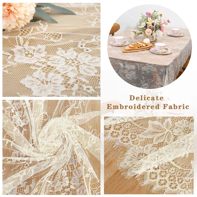 Alt view image 6 of 6 - Ivory Lace Tablecloth 60 X120 Inches Rectangle Vintage Embroidered | Bridal Wedding Tablecloths Sheer Overlay for Rustic Outdoor Party Reception Home Decor
