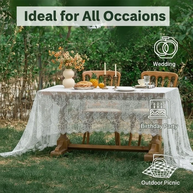 Alt view image 3 of 6 - White Lace Tablecloth, 120x60 Inch Rectangle Table Cloth, Vintage Embroidered Floral Lace Cover for Wedding Baby Shower Bridal Birthday Decor, French Rustic Farmhouse Kitchen Table Topper