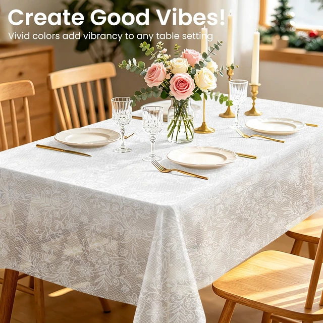 Alt view image 2 of 7 - 6 Pack Disposable Plastic Lace Tablecloth, 54 x 108 Inch | Rectangular White Table Cloth, Waterproof Table Cover for Birthday Party, Wedding, Baby Shower, and Outdoor Picnic