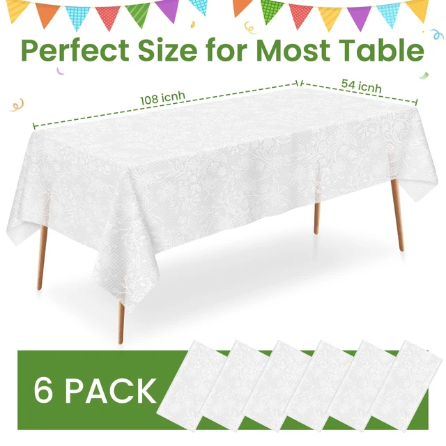 Alt view image 3 of 7 - 6 Pack Disposable Plastic Lace Tablecloth, 54 x 108 Inch | Rectangular White Table Cloth, Waterproof Table Cover for Birthday Party, Wedding, Baby Shower, and Outdoor Picnic