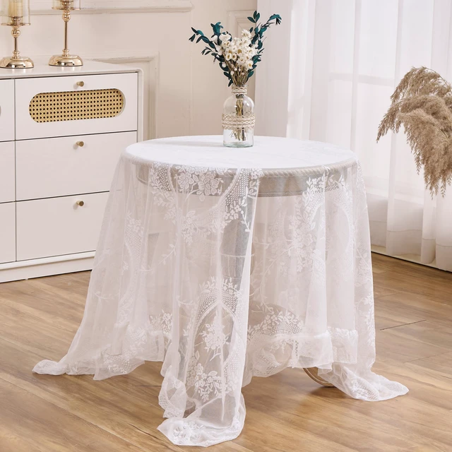 Main image of White Lace Floral Embroidered Square Tablecloth 55x55 Table Cloth | Vintage Table Cover, Sheer Overlay with Ruffled Hem, Lace Pattern, Wedding Party Decor, Elegant Style, Machine Wash