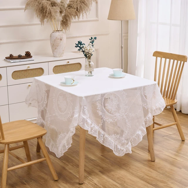 Alt view image 2 of 7 - White Lace Floral Embroidered Square Tablecloth 55x55 Table Cloth | Vintage Table Cover, Sheer Overlay with Ruffled Hem, Lace Pattern, Wedding Party Decor, Elegant Style, Machine Wash