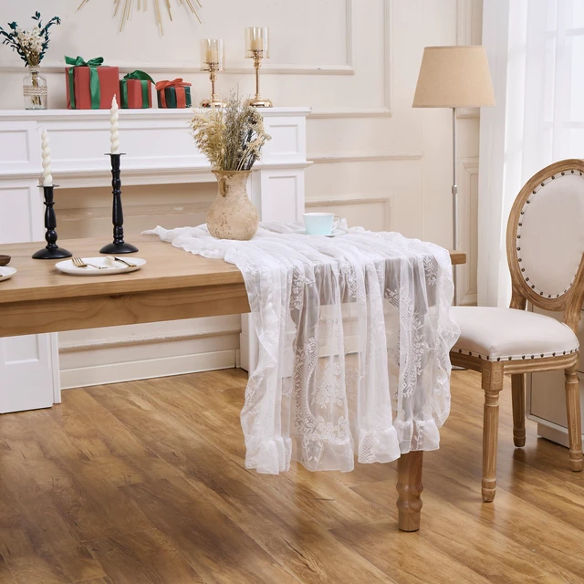 Alt view image 4 of 7 - White Lace Floral Embroidered Square Tablecloth 55x55 Table Cloth | Vintage Table Cover, Sheer Overlay with Ruffled Hem, Lace Pattern, Wedding Party Decor, Elegant Style, Machine Wash