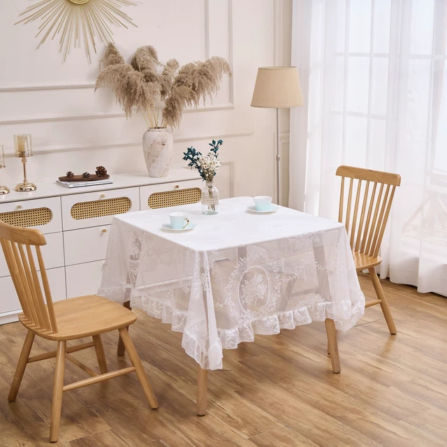 Alt view image 3 of 7 - White Lace Floral Embroidered Square Tablecloth 55x55 Table Cloth | Vintage Table Cover, Sheer Overlay with Ruffled Hem, Lace Pattern, Wedding Party Decor, Elegant Style, Machine Wash