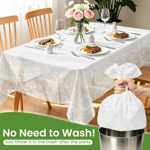 Alt view image 6 of 7 - 6 Pack Disposable Plastic Lace Tablecloth, 54 x 108 Inch | Rectangular White Table Cloth, Waterproof Table Cover for Birthday Party, Wedding, Baby Shower, and Outdoor Picnic
