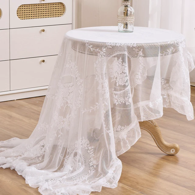 Alt view image 5 of 7 - White Lace Floral Embroidered Square Tablecloth 55x55 Table Cloth | Vintage Table Cover, Sheer Overlay with Ruffled Hem, Lace Pattern, Wedding Party Decor, Elegant Style, Machine Wash