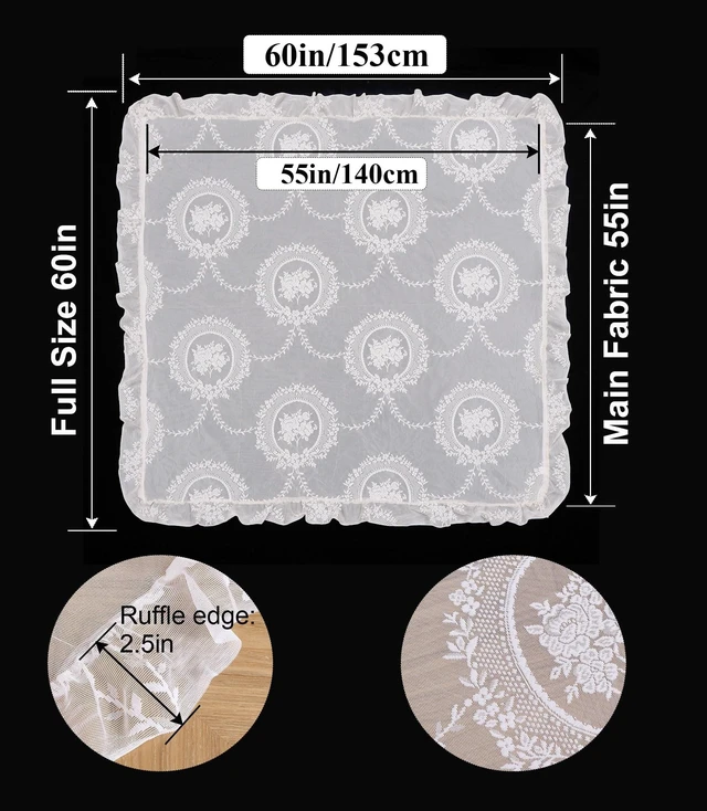 Alt view image 6 of 7 - White Lace Floral Embroidered Square Tablecloth 55x55 Table Cloth | Vintage Table Cover, Sheer Overlay with Ruffled Hem, Lace Pattern, Wedding Party Decor, Elegant Style, Machine Wash