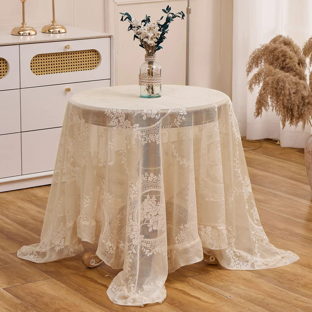 Main image of Beige Lace Tablecloth Vintage Table Cloth(Beige, 55x55, Square) | Overlay with Ruffled Hem, Floral Embroidered Table Cover, Elegant Style, for Wedding Party Home Decor, Machine Wash