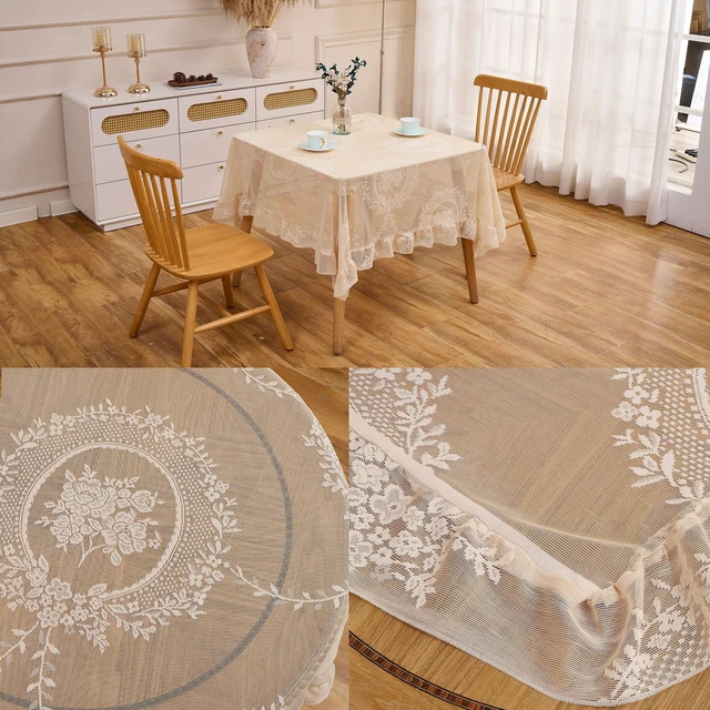 Alt view image 2 of 7 - Beige Lace Tablecloth Vintage Table Cloth(Beige, 55x55, Square) | Overlay with Ruffled Hem, Floral Embroidered Table Cover, Elegant Style, for Wedding Party Home Decor, Machine Wash