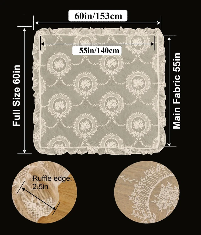 Alt view image 3 of 7 - Beige Lace Tablecloth Vintage Table Cloth(Beige, 55x55, Square) | Overlay with Ruffled Hem, Floral Embroidered Table Cover, Elegant Style, for Wedding Party Home Decor, Machine Wash
