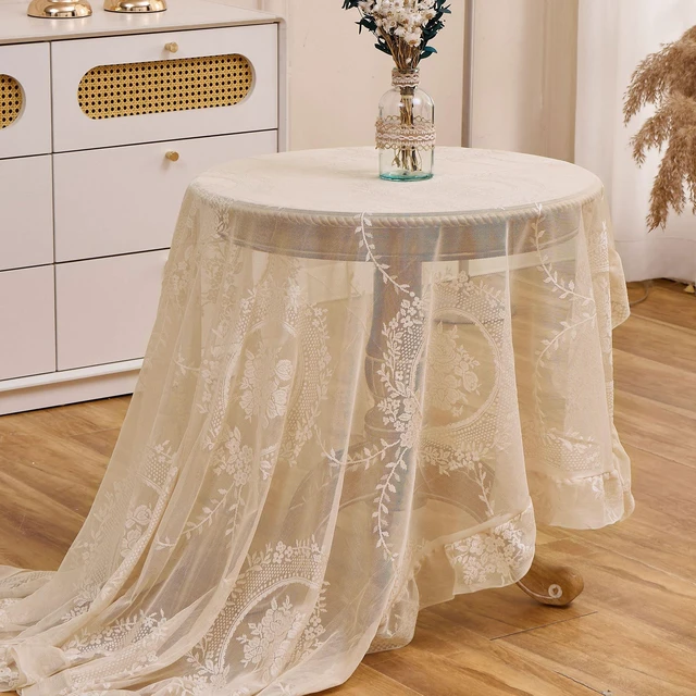 Alt view image 5 of 7 - Beige Lace Tablecloth Vintage Table Cloth(Beige, 55x55, Square) | Overlay with Ruffled Hem, Floral Embroidered Table Cover, Elegant Style, for Wedding Party Home Decor, Machine Wash
