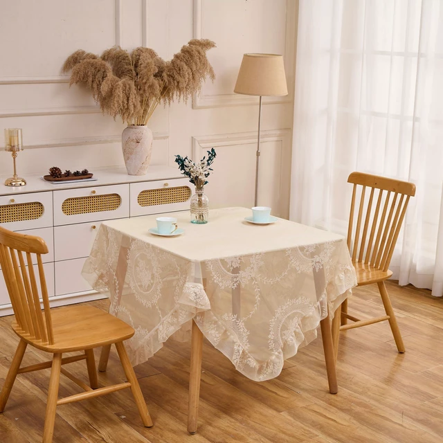 Alt view image 6 of 7 - Beige Lace Tablecloth Vintage Table Cloth(Beige, 55x55, Square) | Overlay with Ruffled Hem, Floral Embroidered Table Cover, Elegant Style, for Wedding Party Home Decor, Machine Wash
