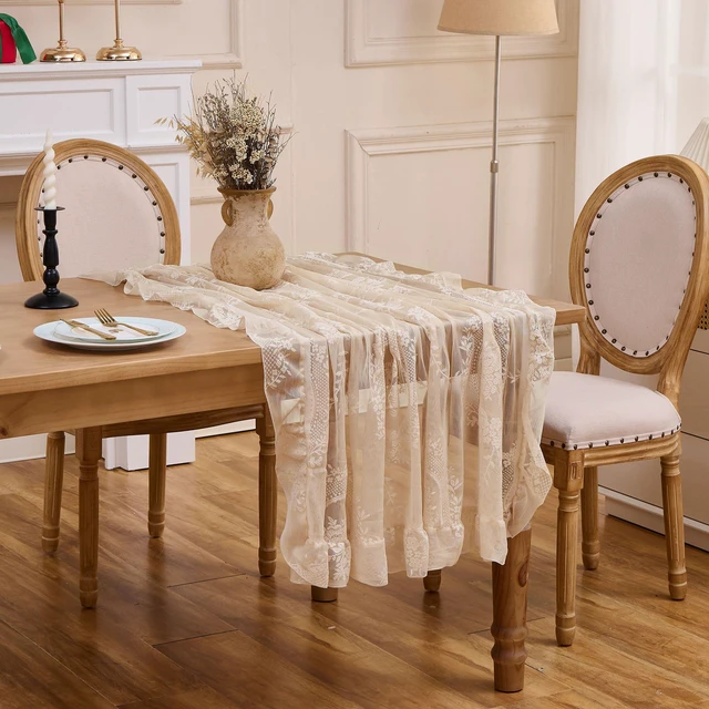 Alt view image 4 of 7 - Beige Lace Tablecloth Vintage Table Cloth(Beige, 55x55, Square) | Overlay with Ruffled Hem, Floral Embroidered Table Cover, Elegant Style, for Wedding Party Home Decor, Machine Wash