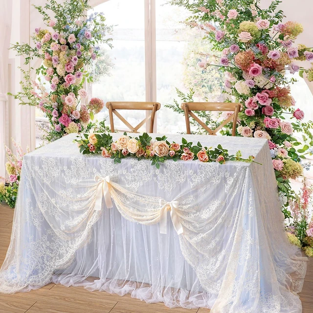 Alt view image 2 of 7 - Vintage Lace Tablecloth Rectangle 60x120 Inches Long Embroidered Ivory Table Cloths for Parties Wedding Reception Home Decorations