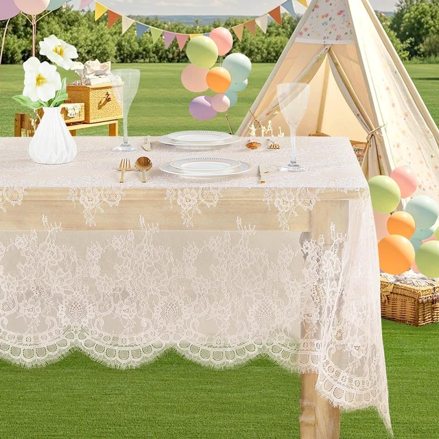 Alt view image 4 of 7 - Vintage Lace Tablecloth Rectangle 60x120 Inches Long Embroidered Ivory Table Cloths for Parties Wedding Reception Home Decorations