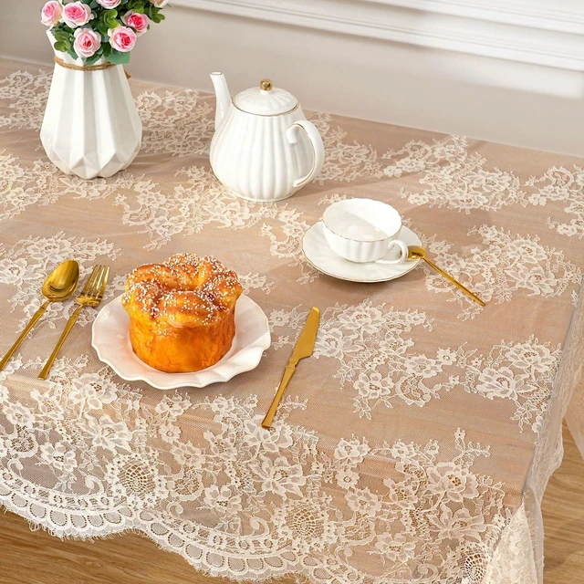Alt view image 5 of 7 - Vintage Lace Tablecloth Rectangle 60x120 Inches Long Embroidered Ivory Table Cloths for Parties Wedding Reception Home Decorations