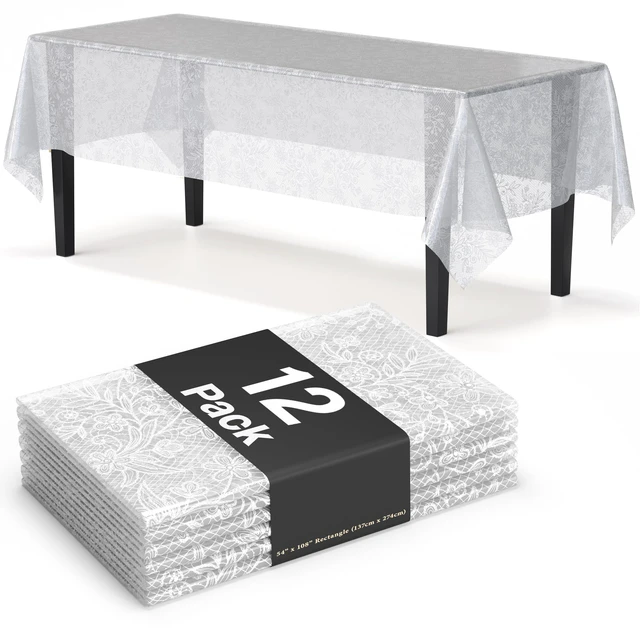 Main image of Lace Table Cloth Rectangle Table Plastic 12-Pack Lace Tablecloth Rectangular 54" X 108" | Clear & White Floral Tablecloth Disposable | Wild Flower Party Decorations & Party Supplies
