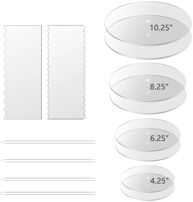 Main image of Acrylic Cake Disc, Clear Cake Decorating Supplies with 8 Round Acrylic Discs,2 Icing Scraper And 4 Center Dowel For Make Your Cakes, Acrylic Discs For Icing Cakes(4.25/6.25/8.25/10.25 Inch)