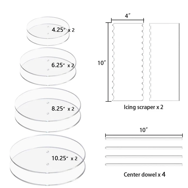 Alt view image 2 of 6 - Acrylic Cake Disc, Clear Cake Decorating Supplies with 8 Round Acrylic Discs,2 Icing Scraper And 4 Center Dowel For Make Your Cakes, Acrylic Discs For Icing Cakes(4.25/6.25/8.25/10.25 Inch)