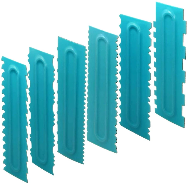 Main image of Cake Scraper Polisher Set of 6 Pack Decorating Comb and Icing Smoother Mousse Butter Cream Cake Edge Tools, Plastic Sawtooth 12 Design Textures-Blue