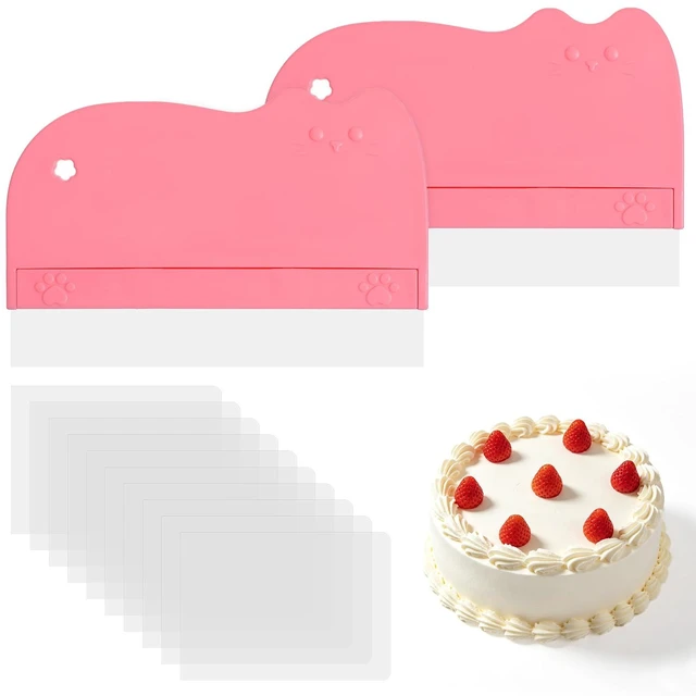 Main image of 12Pcs Cake Scraper Smoother Scraper Set, Alisador de Acetato Para Pasteles - 2 Pink ABS+PVC Scrapers with 10 Transparent Blades for Baking and Decorating
