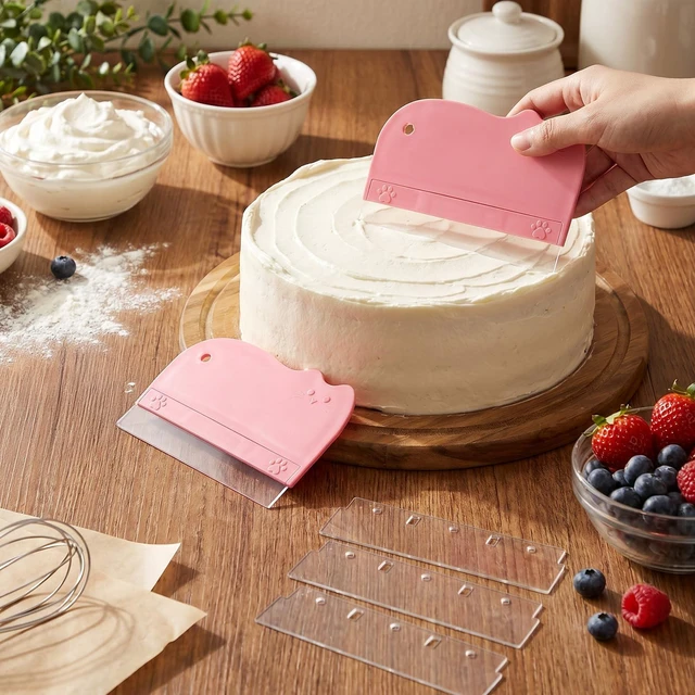 Alt view image 6 of 7 - 12Pcs Cake Scraper Smoother Scraper Set, Alisador de Acetato Para Pasteles - 2 Pink ABS+PVC Scrapers with 10 Transparent Blades for Baking and Decorating