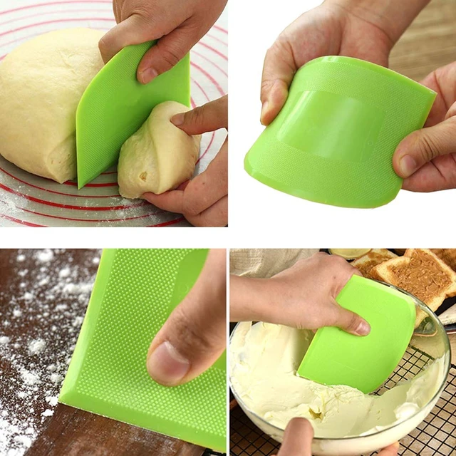 Alt view image 7 of 7 - 2 Pieces Dough Scraper Bowl Scraper Food-safe Plastic Dough Cutter Flexible Plastic Scraper Practical Bench Scraper Multipurpose Food Scrappers for Bread Dough Cake Fondant Icing, White, Green
