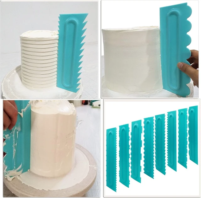 Alt view image 6 of 7 - Cake Scraper set of 8 Pack Cake Edge Tools -16 Design Textures-Blue | Decorating Icing Smoother Comb,Plastic Sawtooth Decorating Mousse Butter Cream Polisher