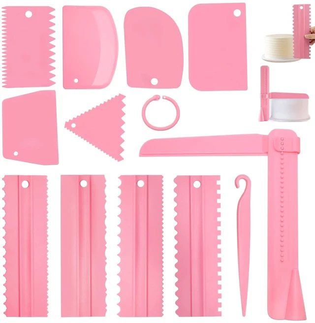 Main image of 12 Pcs Adjustable Cake Smoother Set, Plastic Cake Decorating Tools Comb and Dough Scrapers for Baking Pastries (Pink)